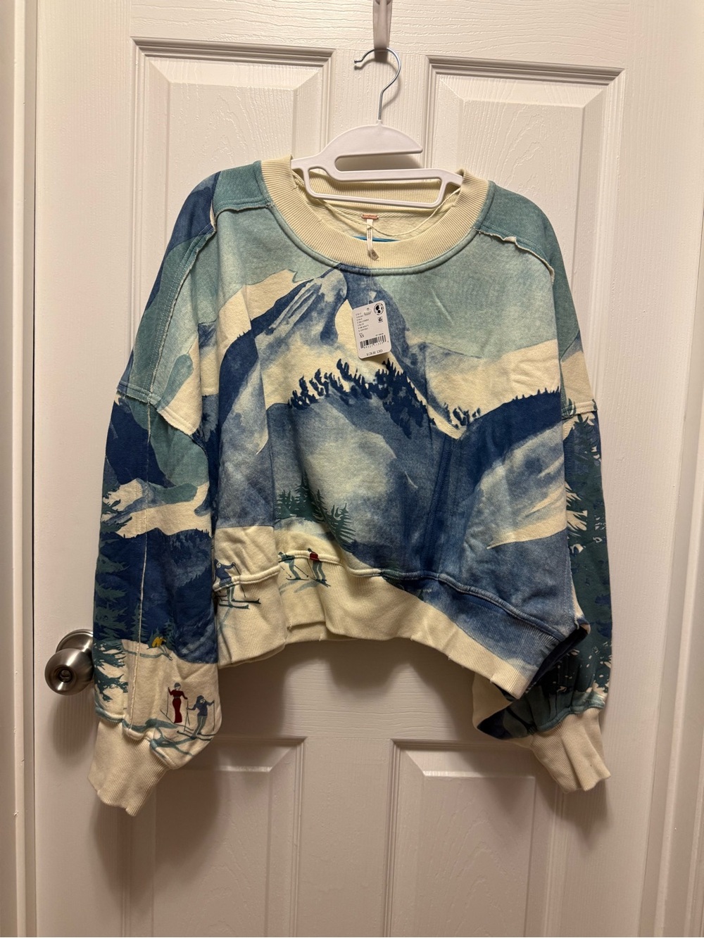 Free People Scenic Mountain Print Cropped Sweatshirt - Blue/Cream